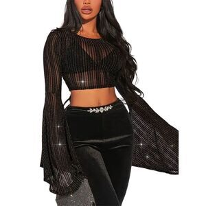 Sexy Y2k Crop Black Sheer Mesh Glitter Bell Sleeve Top Blouse L Gothic Vampy
